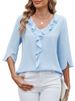 K Loose Women's V-Neck Pleated Ruffle Sleeve Top_ecoleips.com