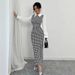Slim Fit Puff Sleeve Dress For Women Houndstooth Pattern Bodycon Long Skirt_ecoleips.com