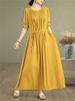 Cotton Vintage Casual Loose Solid Color Dresses For Women Spring Summer Short Sleeve Dress Femme Robe Vestidos Elegant Clothing_ecoleips.com