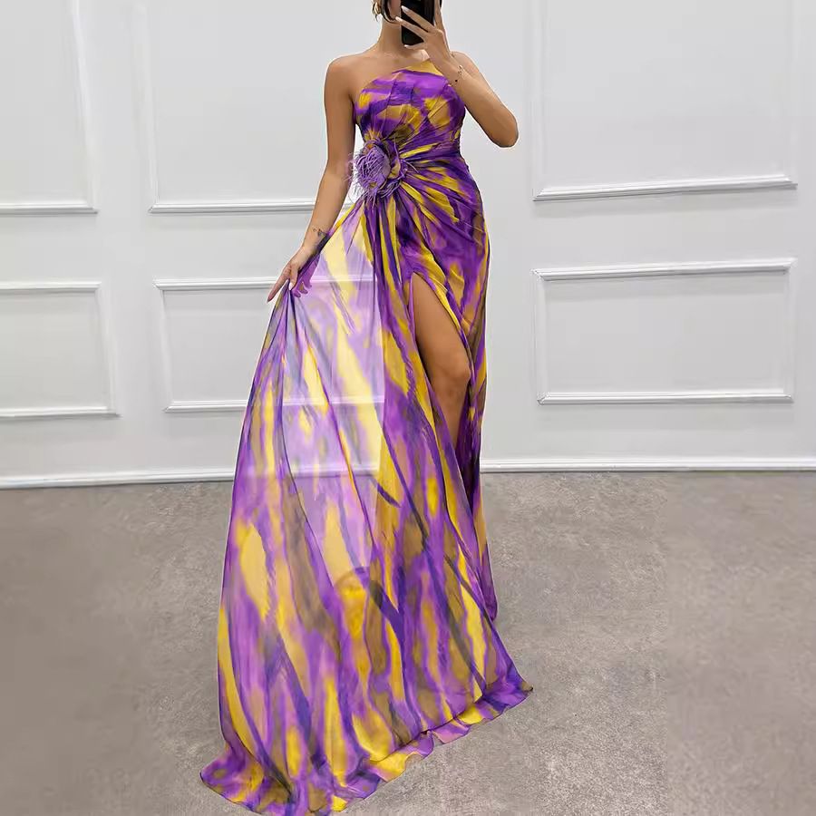 Women's Clothing Chiffon Printed Split Dress INS Leisure Party Long Dress_ecoleips.com