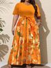 Plus Size Casual Dress For Women; Fashionable Printed Color-Blocked Dress; Short Sleeve Round Neck Fitted Waist Tie Pocket Casual Vacation Dress_ecoleips.com