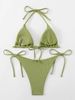 Ribbed Halter Tie String Bikini Set Women Solid Triangle Two Piece Swimsuit Side Tie Cheeky High Cut Bathing Suit Summer Beach Swimwear_ecoleips.com