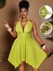 Curvy Jacquard Knit Halter Mini Dress, Metal Buckle Back Bow Ruched Waist Irregular Open Back For Beach Festival Party_ecoleips.com