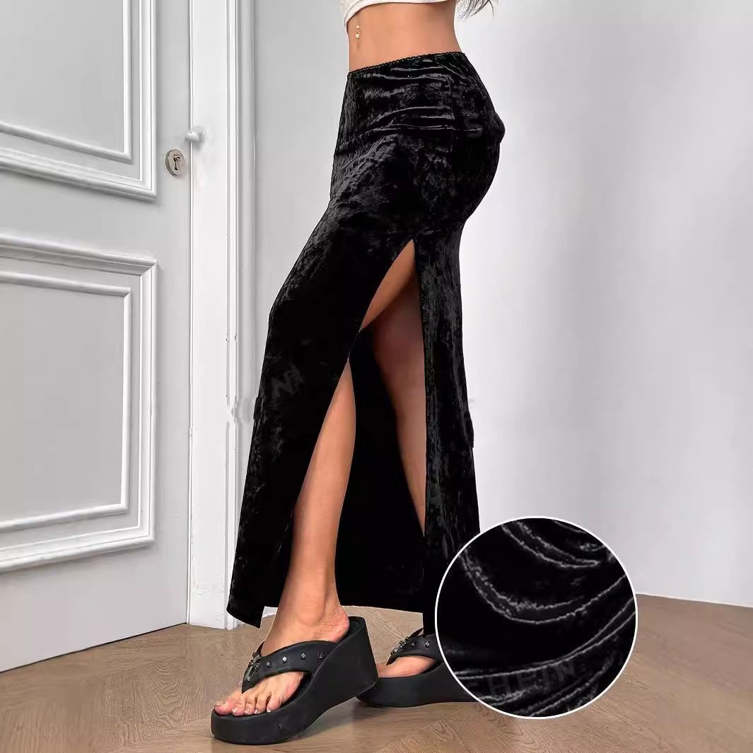 Verve 2025 Women's Fashion High Waist Velvet Split Sexy Skirt_ecoleips.com