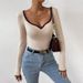 Elegant V-Neck Knit Top For Women - Slim Fit, Versatile & Sexy Basic Layering Piece In Beige, Black & Camel_ecoleips.com
