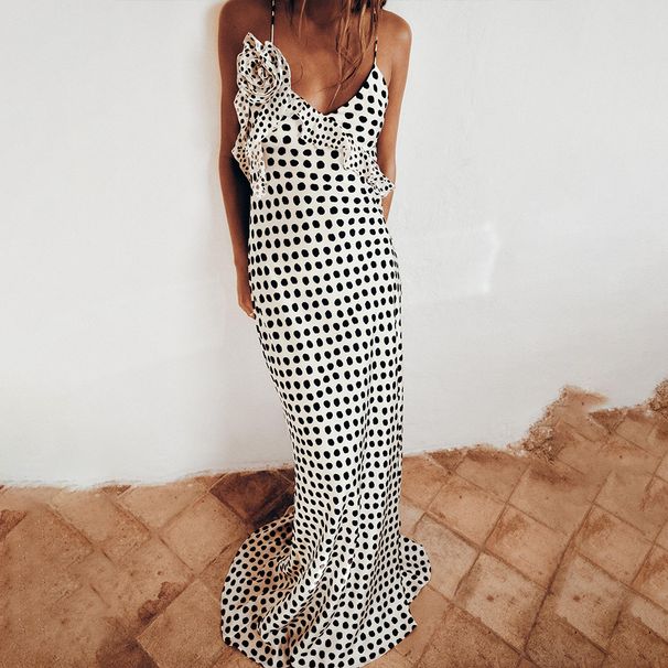 Sexy Slim Fitting Satin Dress for Women Polka Dot Print Spaghetti Strap Backless Long European And American Cross Border Export_ecoleips.com