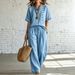 Spring/Summer Women's Loose Slimming Two-Piece Set European And American Style Cross Border Fashion Side Button Short Sleeved Top Wide Leg Pants_ecoleips.com