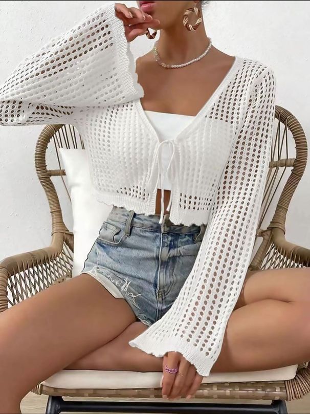 Cross-border Foreign Trade European And American New Women's Hollow-out Cardigan With Ties, Loose-fitting_ecoleips.com