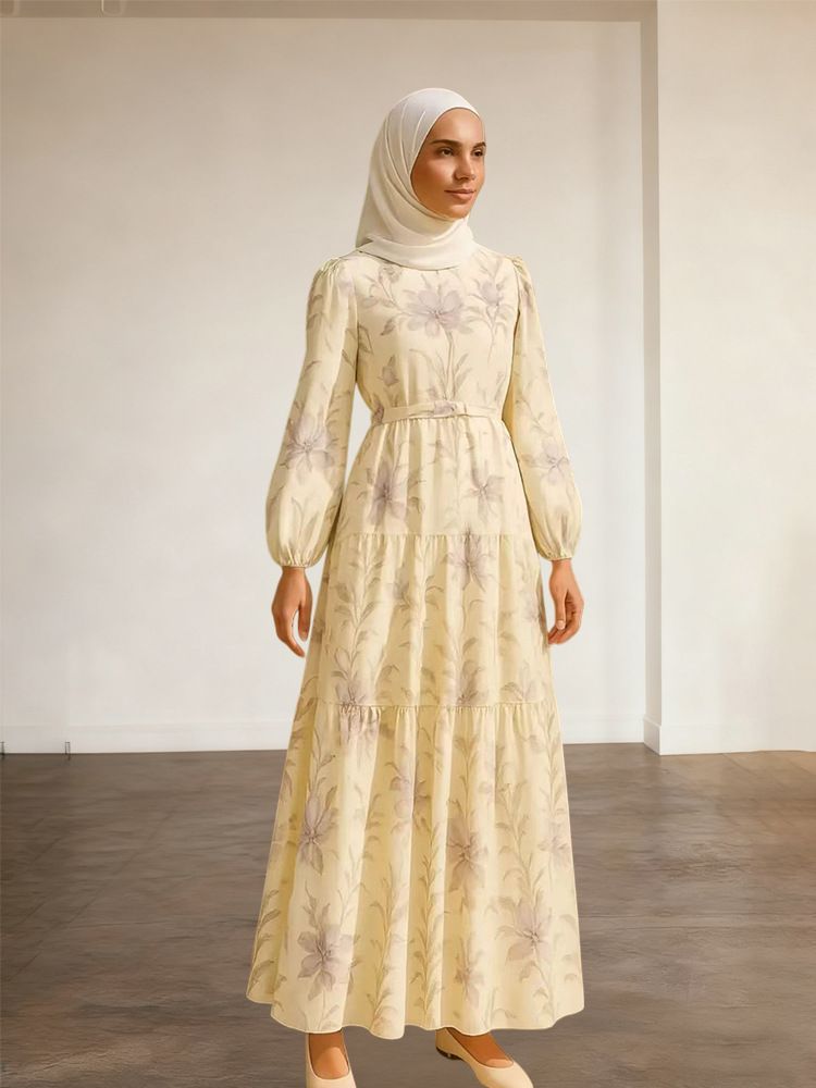 plus Size Printed Long Dress With Puff Sleeves Fitted Waist Full Skirt For Women Muslim Fashion Independent Website Middle East_ecoleips.com