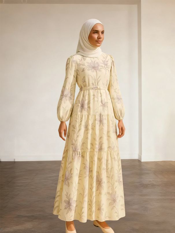 plus Size Printed Long Dress With Puff Sleeves Fitted Waist Full Skirt For Women Muslim Fashion Independent Website Middle East_ecoleips.com