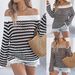 2026 Spring Summer Striped Hollow Out Casual Loose Knit Top Vacation Off-Shoulder Blouse Cross-Border Women's_ecoleips.com