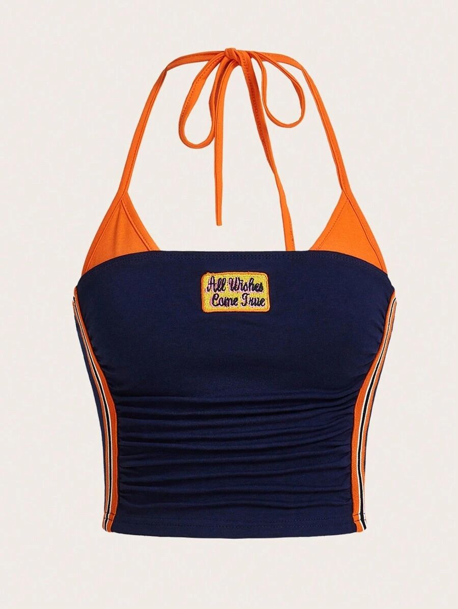 Women's Slim Fit Crop Top European American Export Summer Style Letter Embroidered Patchwork Halter Neck Fashion Hot Girl Top_ecoleips.com