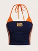 Women's Slim Fit Crop Top European American Export Summer Style Letter Embroidered Patchwork Halter Neck Fashion Hot Girl Top_ecoleips.com