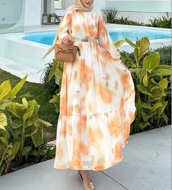 Women's Clothing Flower Shawl Sleeve Design Belt Long Temperament Elegant Dress_ecoleips.com