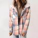 Women's Plaid Fleece Hooded Jacket With Pockets, Long Sleeve Loose Fit Cozy Outerwear For Autumn Winter, Streetwear Fashion_ecoleips.com