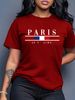 Casual White Round-neck T-shirt With Colorful Bear Desig Short Sleeves Women's FashionDamen Kurzarm-Top Mit 'PARIS JE T'AIME' Flaggen-Print_ecoleips.com