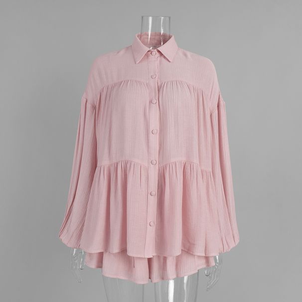 Women's Clothing Casual Vacation Shirt Set Lantern Sleeve Ruffle Hem Shorts Spring/Summer New_ecoleips.com