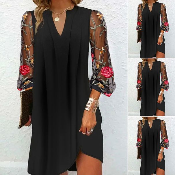 2024 Summer New Cross-Border European And American V-Neck Long Sleeve Sheer Floral Pleated Dress Women's Fashion_ecoleips.com