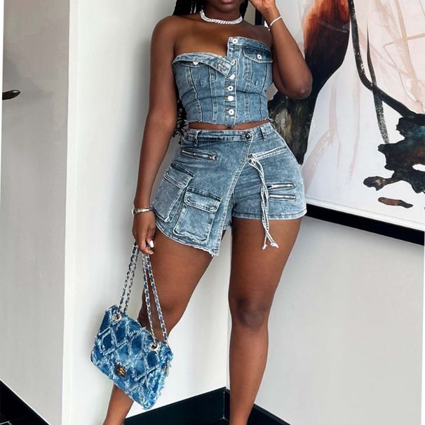 Women's Clothing Women's Denim Suit Fashion Style Cross Wrap Chest Overalls With Shorts For Formal & Casual For Women_ecoleips.com