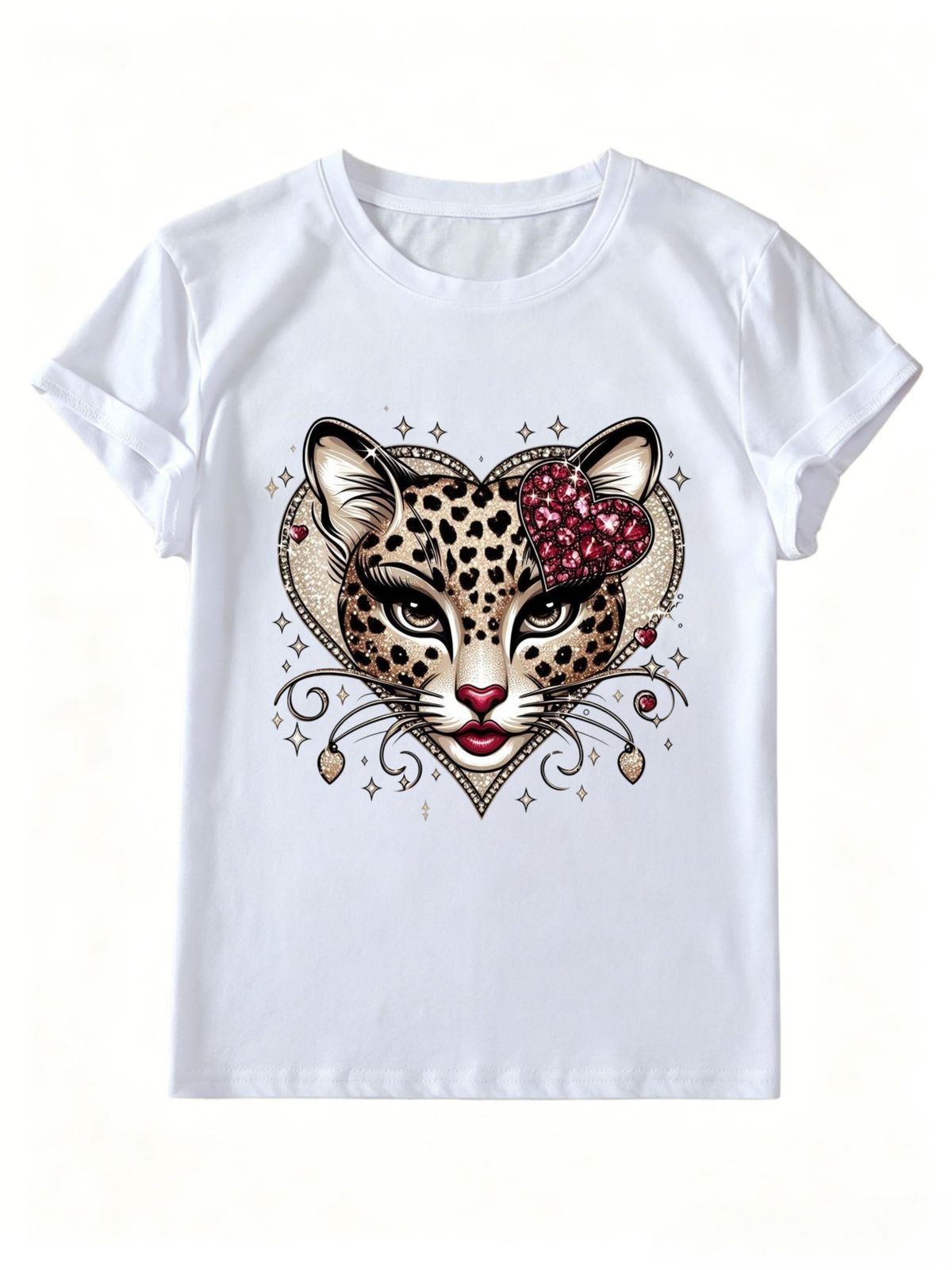 Women Y2K Coquette Leopard Heart Graphic T Shirt Rhinestone Pink Gem Leopard Face Sparkle Star Print Retro Western Cute Short Sleeve Streetwear Tee_ecoleips.com