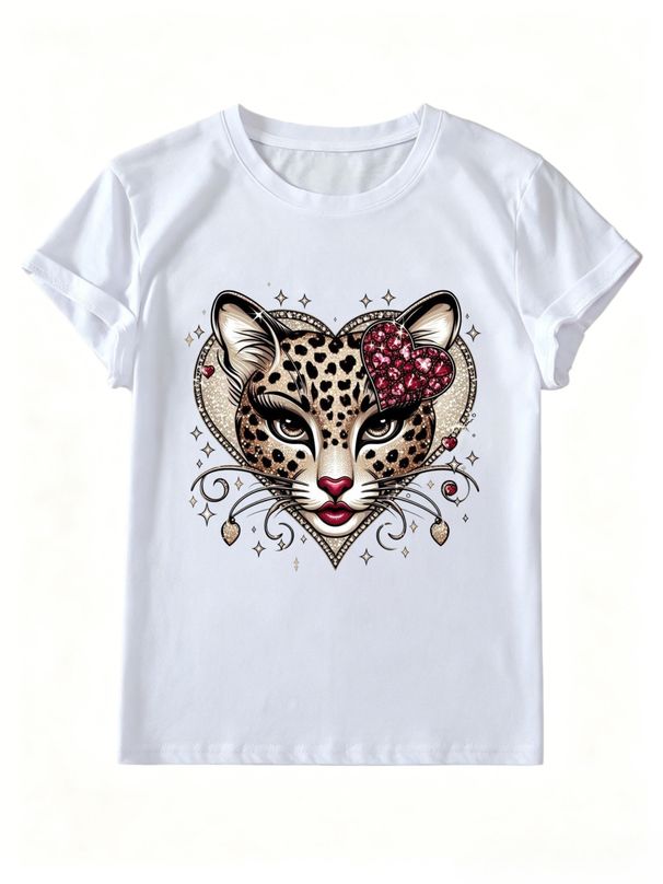Women Y2K Coquette Leopard Heart Graphic T Shirt Rhinestone Pink Gem Leopard Face Sparkle Star Print Retro Western Cute Short Sleeve Streetwear Tee_ecoleips.com
