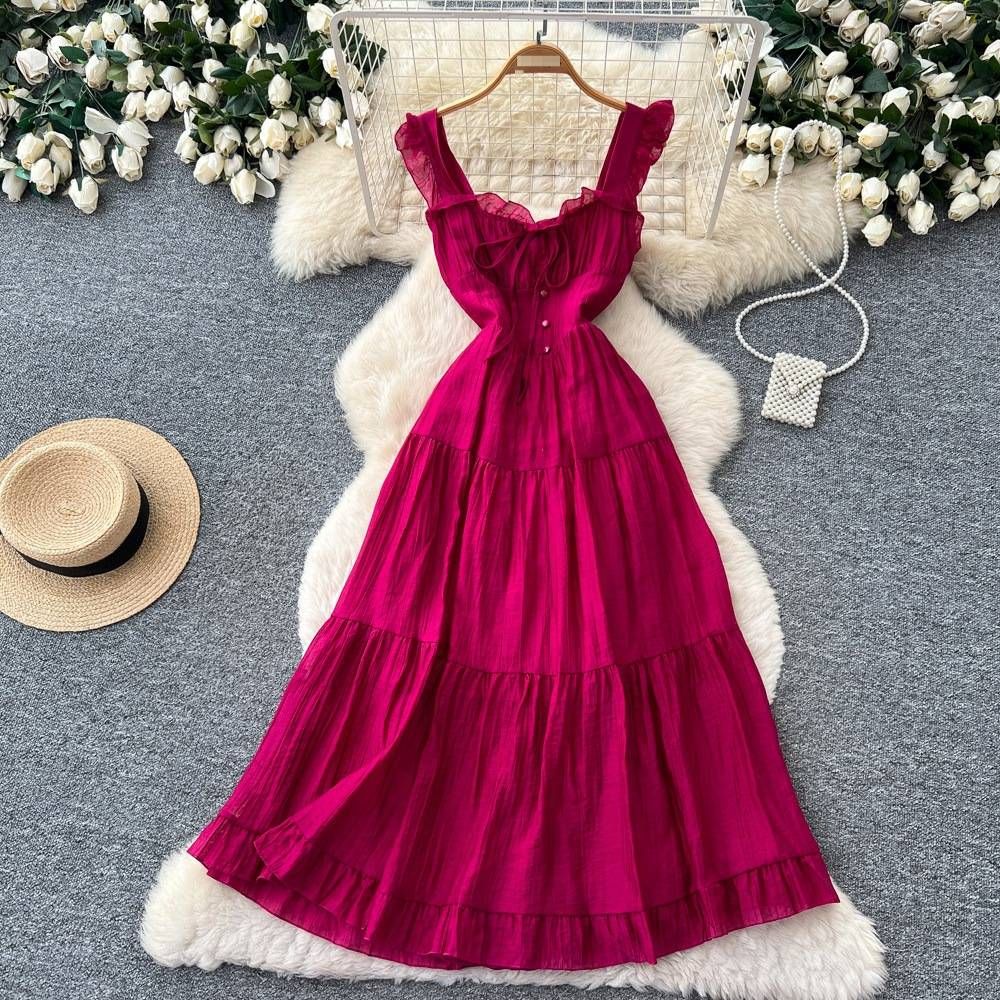 Women's Romantic Style Sleeveless Dress Playful Suspender Tie Waist Slimming A-Line Skirt For Summer Vacation_ecoleips.com