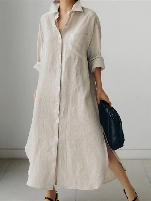 Women's Loose Cotton Linen Shirt Dress Long Irregular Cardigan_ecoleips.com