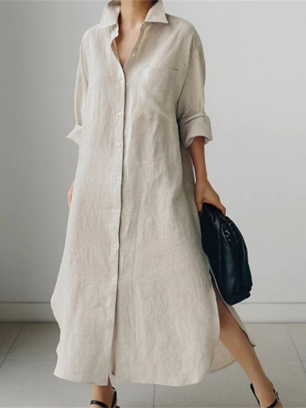 Women's Loose Cotton Linen Shirt Dress Long Irregular Cardigan_ecoleips.com