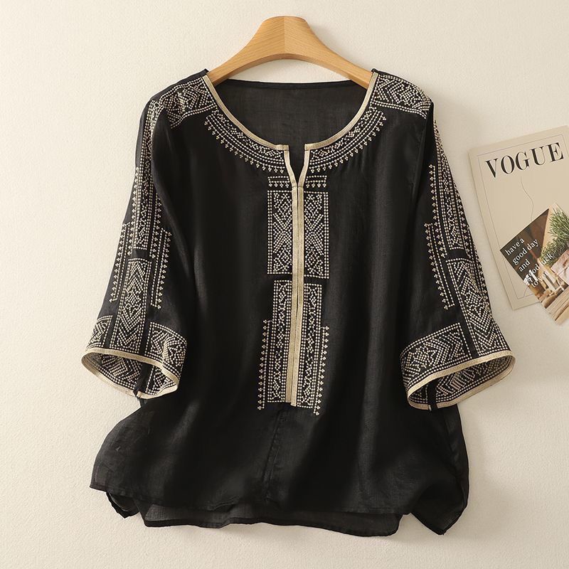 New Chinese Style Cotton-Linen Embroidered V-Neck Short-Sleeve Top, Summer Loose Casual Elegant Mid-Sleeve T-Shirt For W_ecoleips.com