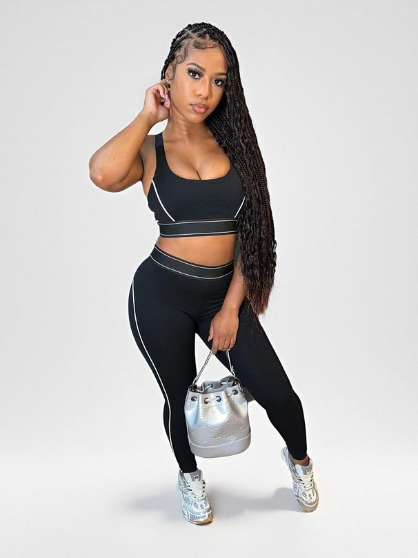 Women Contrast Stripe Racerback Sports Bra & High Waist Yoga Leggings 2 Piece Set, Stretch Butt Lifting Workout Outfit For Gym Pilates Running_ecoleips.com
