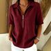 Women's Linen-Blend Zip-Front Mid-Sleeve Shirt, Summer Casual Solid Color Lapel Shirt For A Stylish Relaxed Look_ecoleips.com