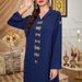 Ba302 Navy Blue Handcrafted Diamond Adorned Hooded Long Dress Abaya Women's Robe_ecoleips.com