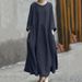 Women's Clothing Solid Color Cotton And Linen Irregular Splicing Round Neck Pocket Long Sleeve Dress Big Swing Long Skirt_ecoleips.com