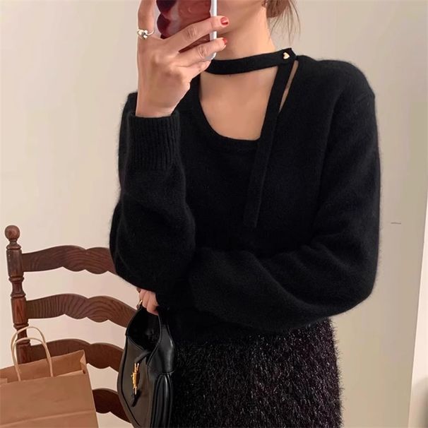 K Pure Color Design Sense Neck Scarf Low Round Neck Sweater Women's Inner Wear Soft And Glutinous Pullover Knitted Sweater Women's_ecoleips.com