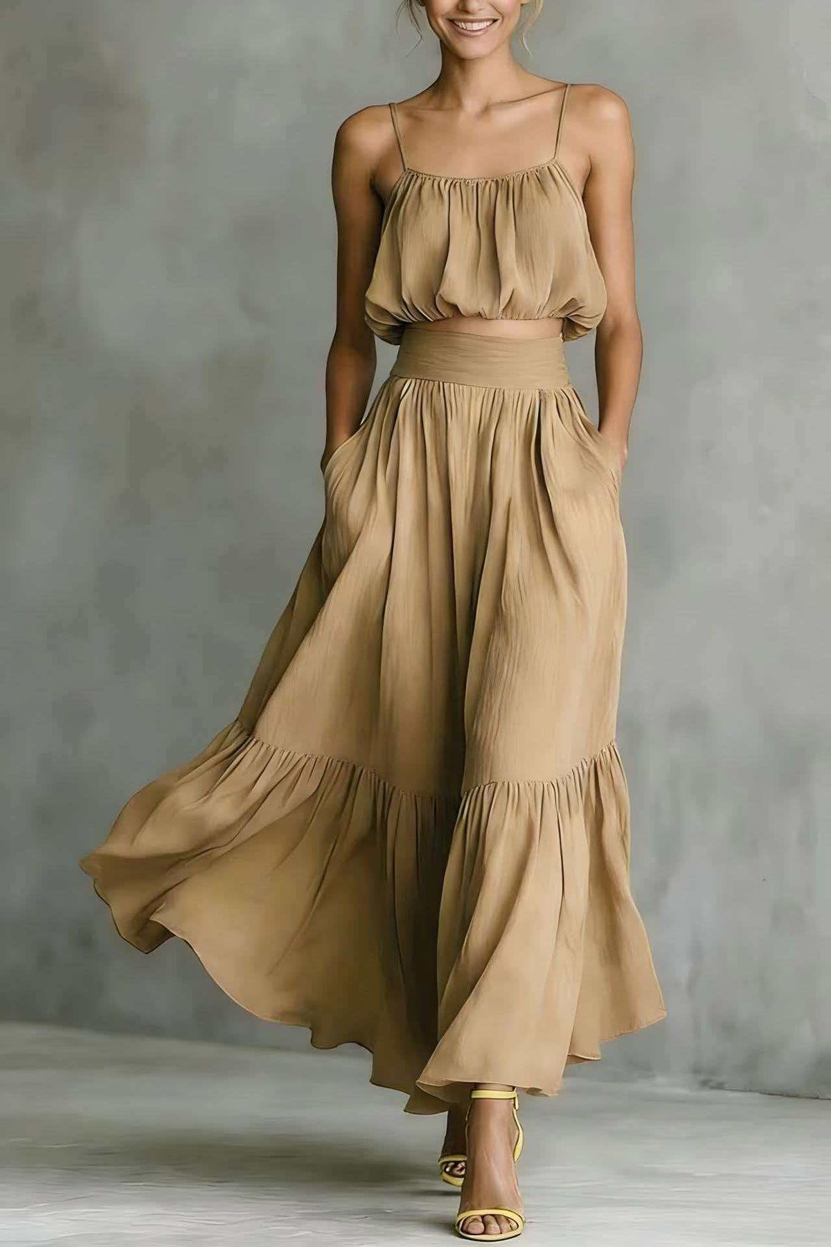 Women's High-Waisted Flowy Midi Skirt And Camisole Two-Piece Set Summer Casual Outfit Wrinkle-Resistant Fabric_ecoleips.com