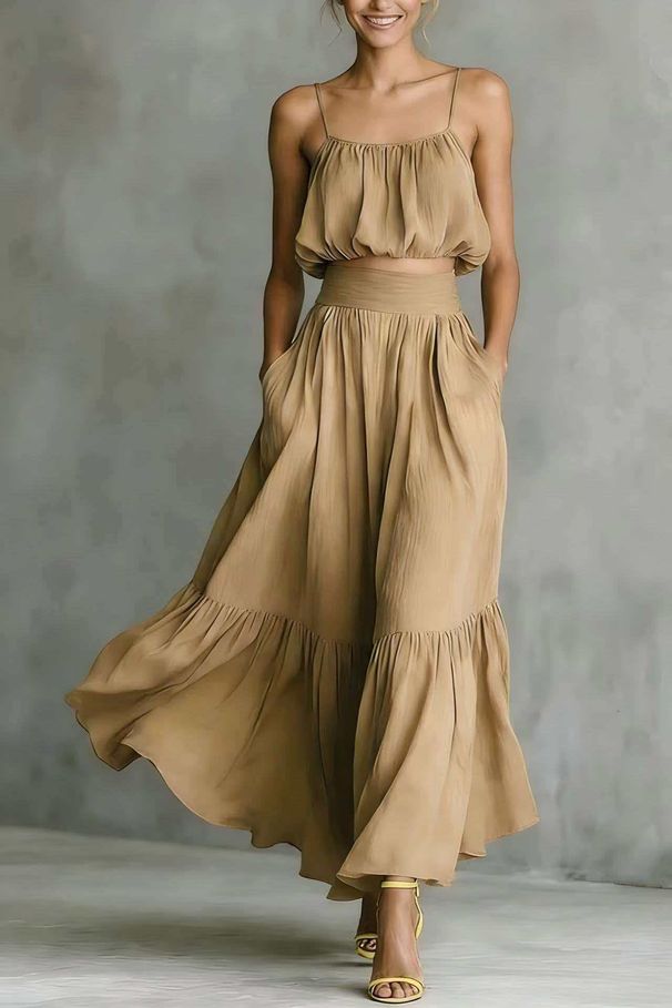 Women's High-Waisted Flowy Midi Skirt And Camisole Two-Piece Set Summer Casual Outfit Wrinkle-Resistant Fabric_ecoleips.com