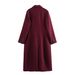 Elegant Wine Red Double-Breasted Trench Coat – Classic Longline Polyester Blend Coat For Women (Timeless Vintage Style)_ecoleips.com