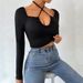 Voya Women's 2026 Autumn And Winter New Sexy Hollow Out Strap Slim Fit Short Knitted Long Sleeved T-shirt Top_ecoleips.com