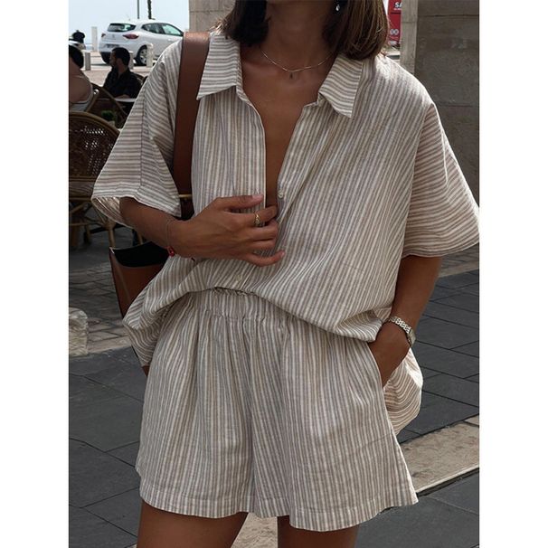 Women's Clothing Striped Shirt Shorts Suit Fashionable Comfortable Casual Loose Retro And Versatile_ecoleips.com