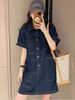 plus Size Women's Summer New Denim Dress Belly Cover Slimming Design Shirt Dress High Waist A-Line Korean Style Short Sleeve_ecoleips.com