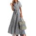 Cross-border Foreign Trade Summer New French-style With A Turn-down Collar, Striped Color-blocking, Waist-cinching,_ecoleips.com