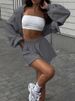 Casual Women's Clothing Solid Color Long-sleeved Hooded Drawstring Sweatshirt Shorts Set Jacket Shorts Two-piece Set_ecoleips.com