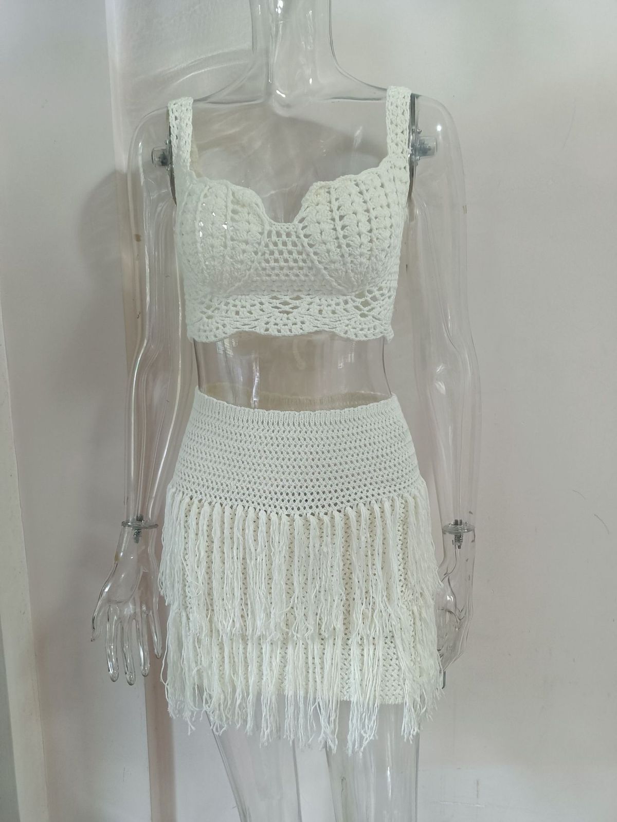 "Women's Sexy Tassel Bikini Wrap Top - Boho Beachwear, Adjustable Straps, Flirty Crochet Design For Swim & Summer"_ecoleips.com