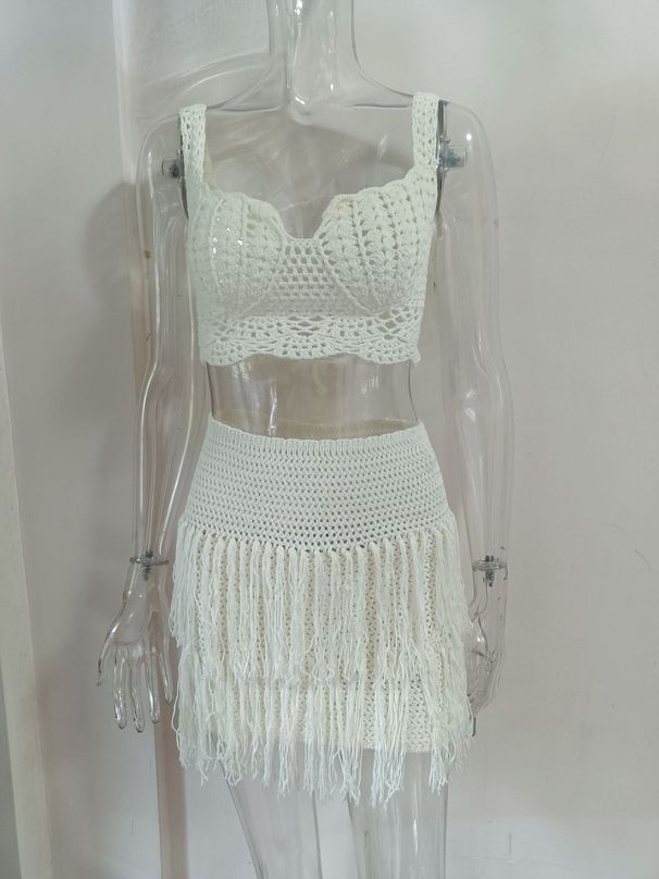 "Women's Sexy Tassel Bikini Wrap Top - Boho Beachwear, Adjustable Straps, Flirty Crochet Design For Swim & Summer"_ecoleips.com