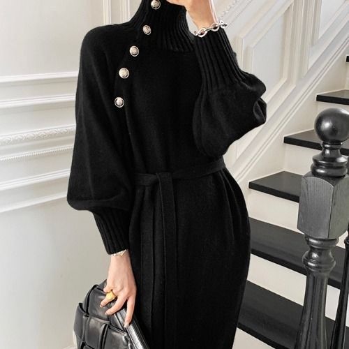 Women's Belted High-Neck Knit Dress – A-Line Long Sleeve Sweater Dress – Japanese Minimalist Style (One Size Fits S-L)_ecoleips.com