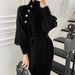 Women's Belted High-Neck Knit Dress – A-Line Long Sleeve Sweater Dress – Japanese Minimalist Style (One Size Fits S-L)_ecoleips.com