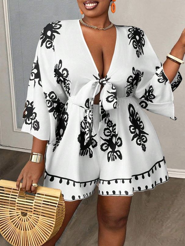 European And American Large-size Jumpsuit Women's Spring And Summer New Fashion Casual Horn Sleeve Women's Clothing V-neck Printed Jumpsuit_ecoleips.com