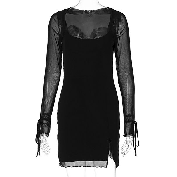 Elegant Long Sleeve Mesh Slimming Dress High Waist Bodycon Dress With Slit Solid Color Stretchy Hip Wrapped Dress For Women_ecoleips.com