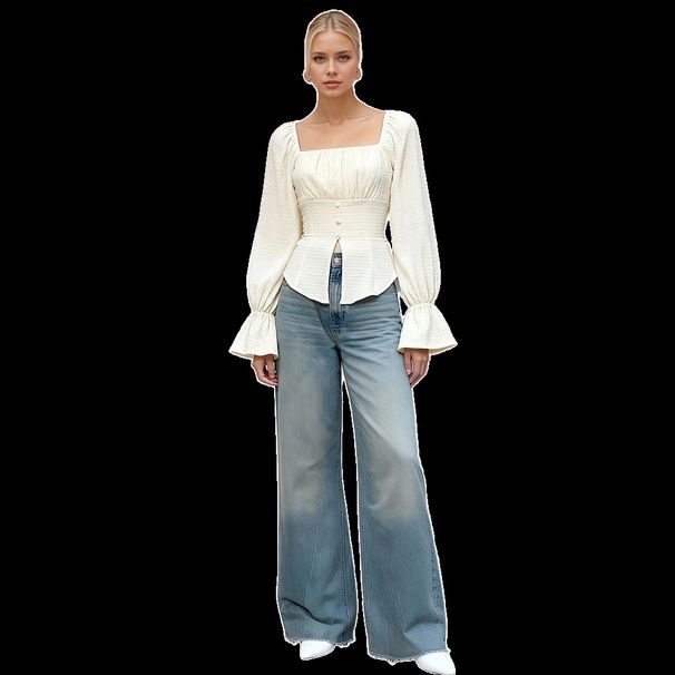 Voya Women's New Style French Square Neck Bubble Sleeves, Waist Cinched Long Sleeves, Lantern Sleeves, Temperament Commuting Versatile Top For Women_ecoleips.com