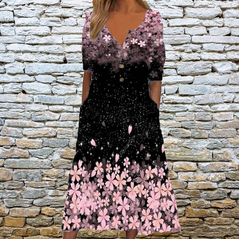 Women Stylish Casual Maxi Dress Relaxed Loose‑Fit Silhouette With V‑Neck, Convenient Pockets & Trendy All‑Over Print_ecoleips.com